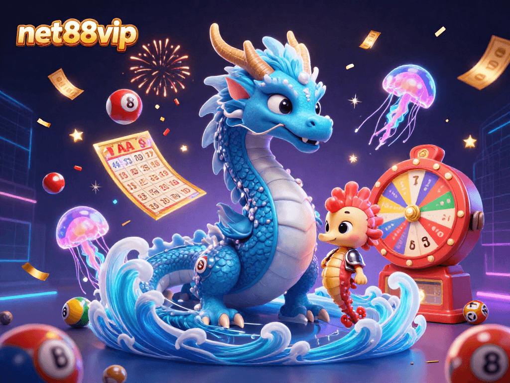 Engage with net88vip's vibrant casino scene featuring dynamic lottery elements and lively characters.