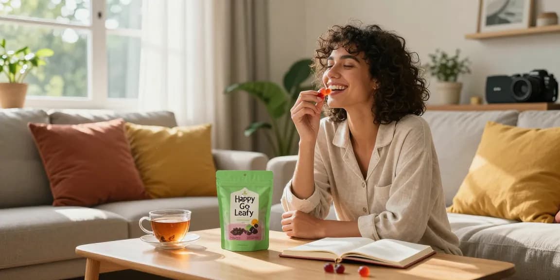 Happy Go Leafy kratom gummies being enjoyed in a cozy living room, promoting wellness and relaxation.