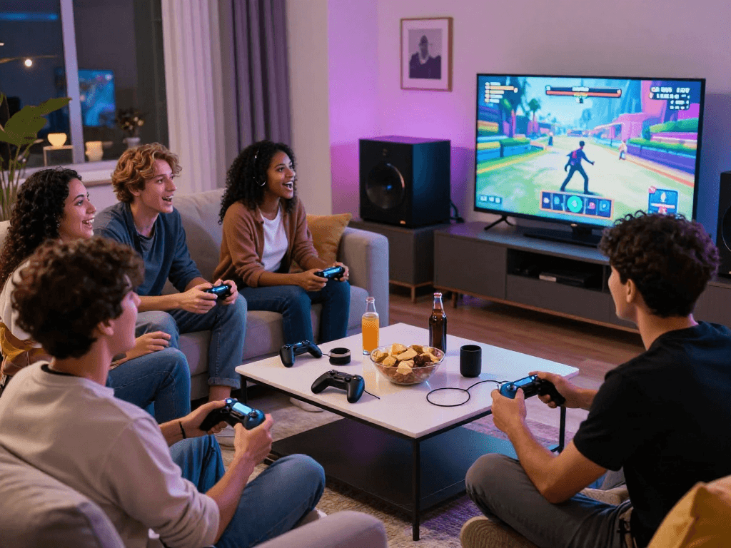 Group enjoying an interactive adult game in a cozy living room setting.