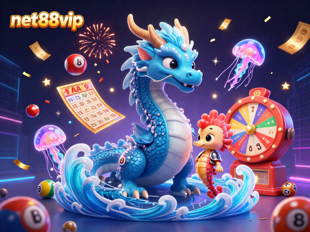Engage with net88vip's vibrant casino scene featuring dynamic lottery elements and lively characters.