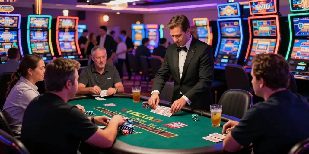 Engaging Vegas88 casino scene with players enjoying baccarat amidst vibrant lights and excitement.
