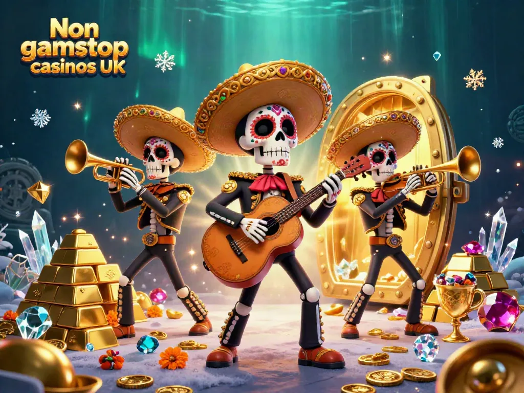 Experience the excitement of Non Gamstop casinos UK with vibrant mariachi characters in an opulent setting.