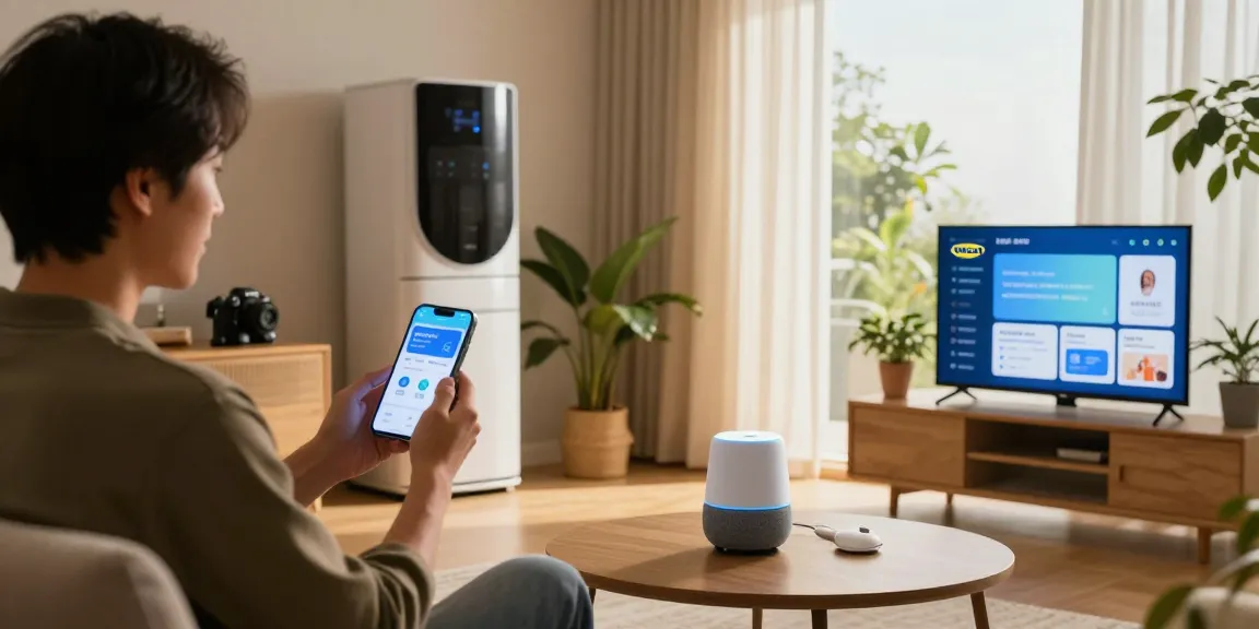 IKEA smart home technology in a cozy living room with smart lighting, interactive devices, and a modern ambiance.