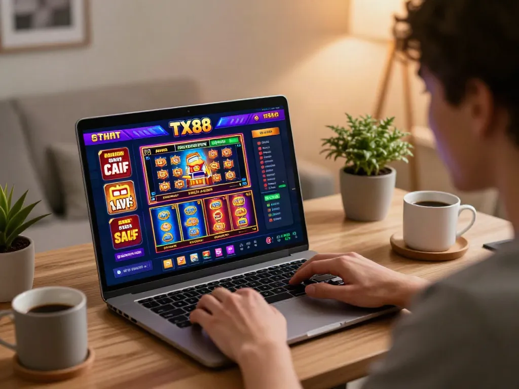 Engaged player exploring diverse games at TX88, online gambling platform.
