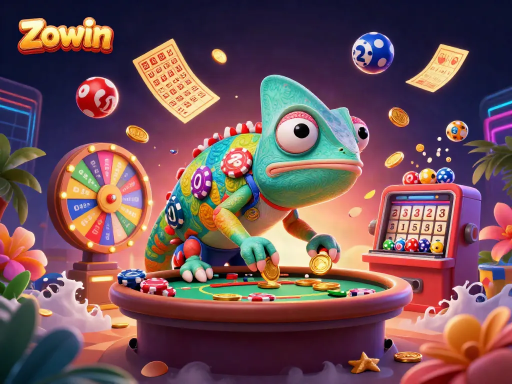 Experience thrilling Zowin action with a chameleon casino owner amidst dynamic gambling elements.