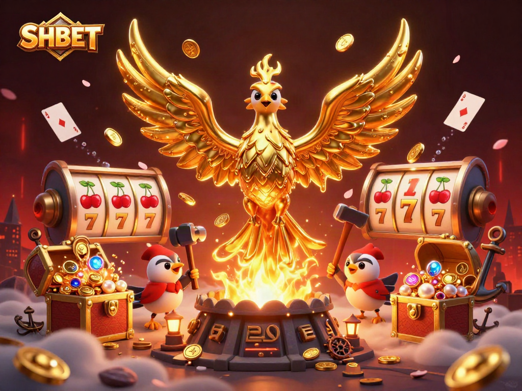 Experience SHBET's vibrant 3D illustration showcasing a golden phoenix emerging from a casino scene filled with slot elements.