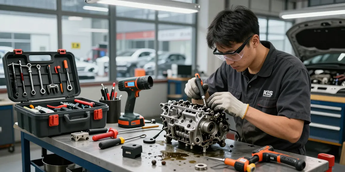 Technician using professional ks tools in a bright workshop environment.