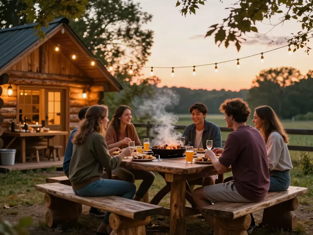 Gathering around a rustic log table at sunset, showcasing tabletoplog.org's outdoor charm and community vibes.