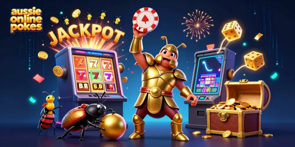 Experience the thrill of aussie online pokies with vibrant visuals of a golden-armored beetle celebrating a jackpot.