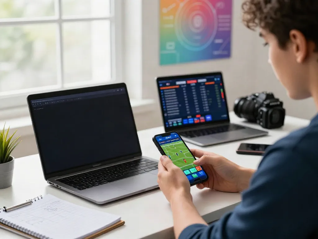 DewaGG user placing a bet on sports with laptop and notepad in a vibrant setting.