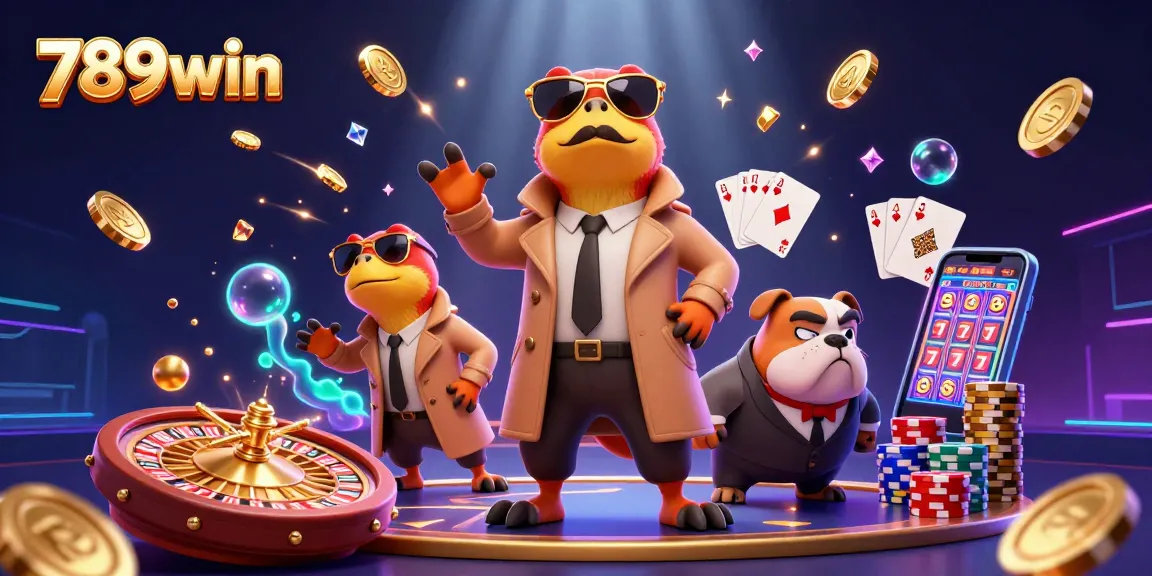 Experience the vibrant world of 789win with raptors in a trench coat entering a casino lounge, surrounded by winning symbols.
