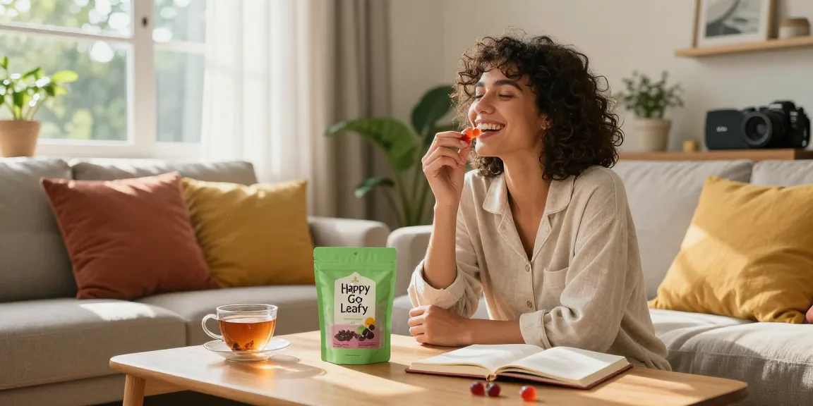 Happy Go Leafy kratom gummies being enjoyed in a cozy living room, promoting wellness and relaxation.