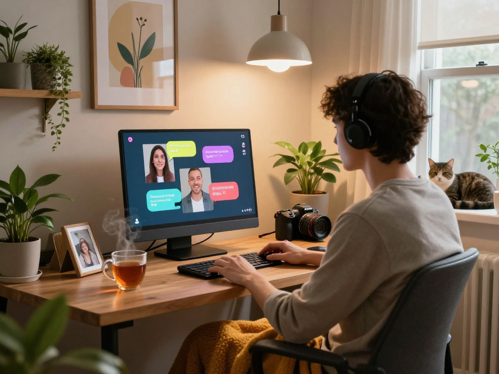 AI porn chat interaction in a cozy home office, showcasing vibrant avatars and a warm atmosphere.