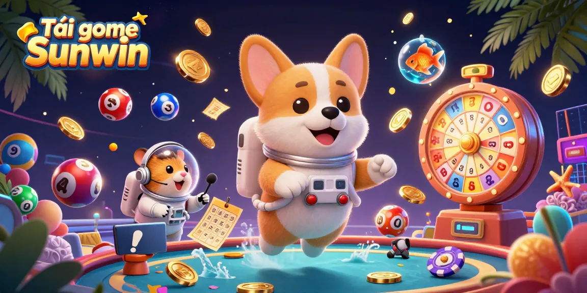 Tải game Sunwin with an astronaut corgi and mission-control hamster in a dynamic casino scene filled with lottery elements.