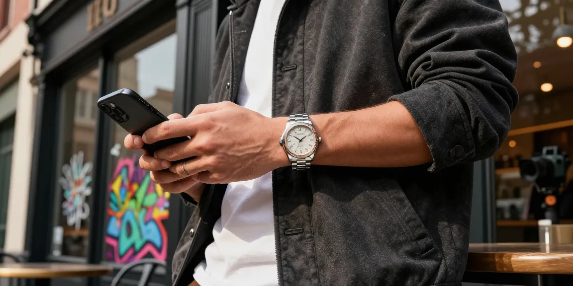 Stylish individual highlighting a luxury clone watch in an urban café, showcasing elegance and trendy style.