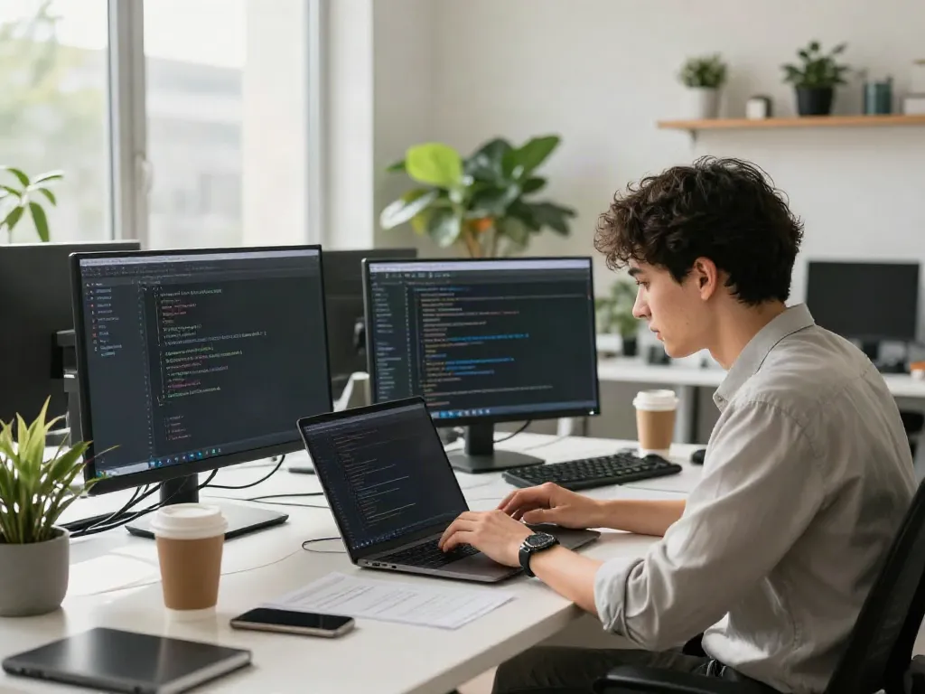 Person using instant indexing tools at a tech-focused workspace with modern gadgets