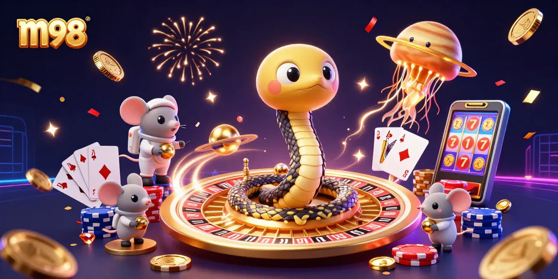 Engage with m98 casino action, featuring a cosmic roulette scene with vibrant characters and festive elements.