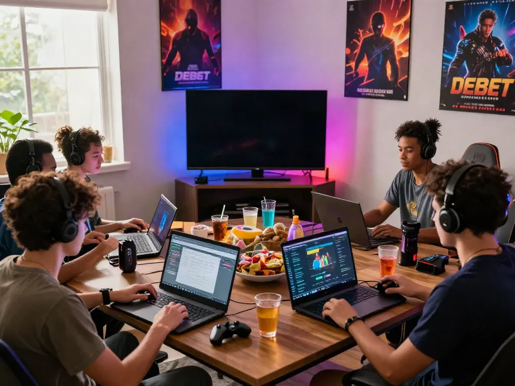 Engaged friends playing games on DEBET platform in a lively home setting