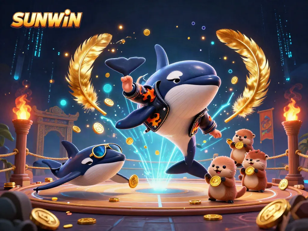 Experience thrilling moments with the SUNWIN orca jumping alongside otters holding coins in a vibrant underwater world.