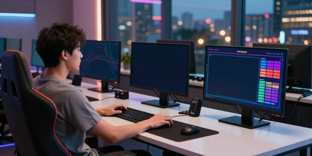 Dewatogel gaming experience with a user engaging in online lottery on multiple monitors.