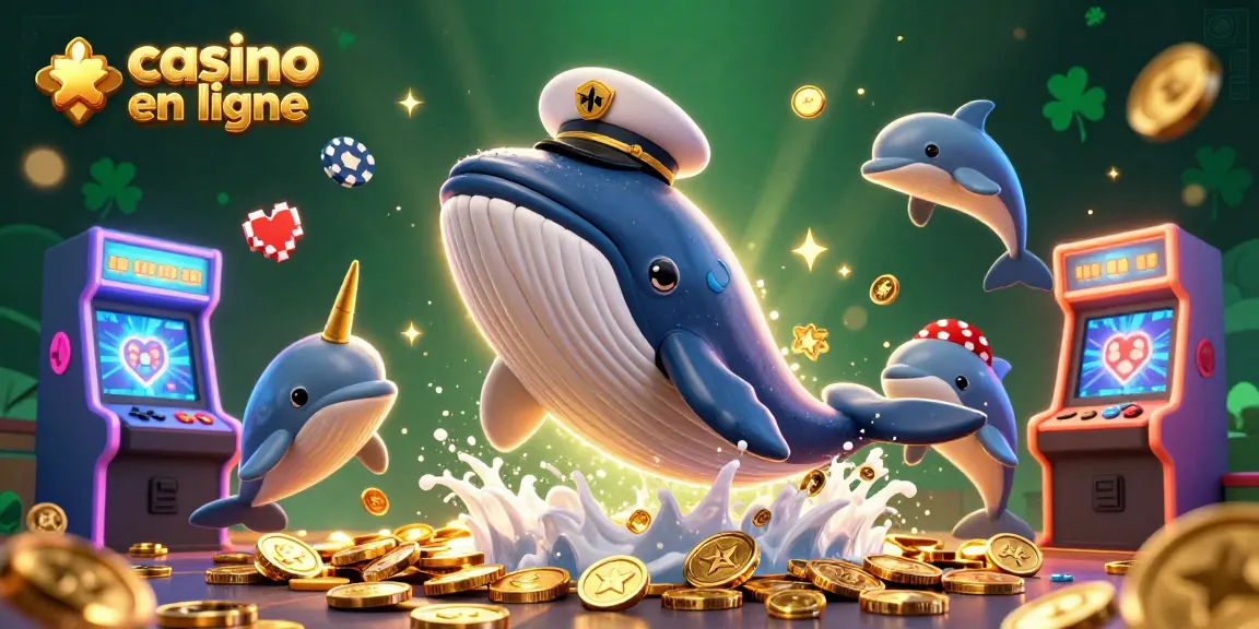 Jouez au casino en ligne avec des dauphins faisant des acrobaties et une baleine en capitaine, entourés de machines colorées.