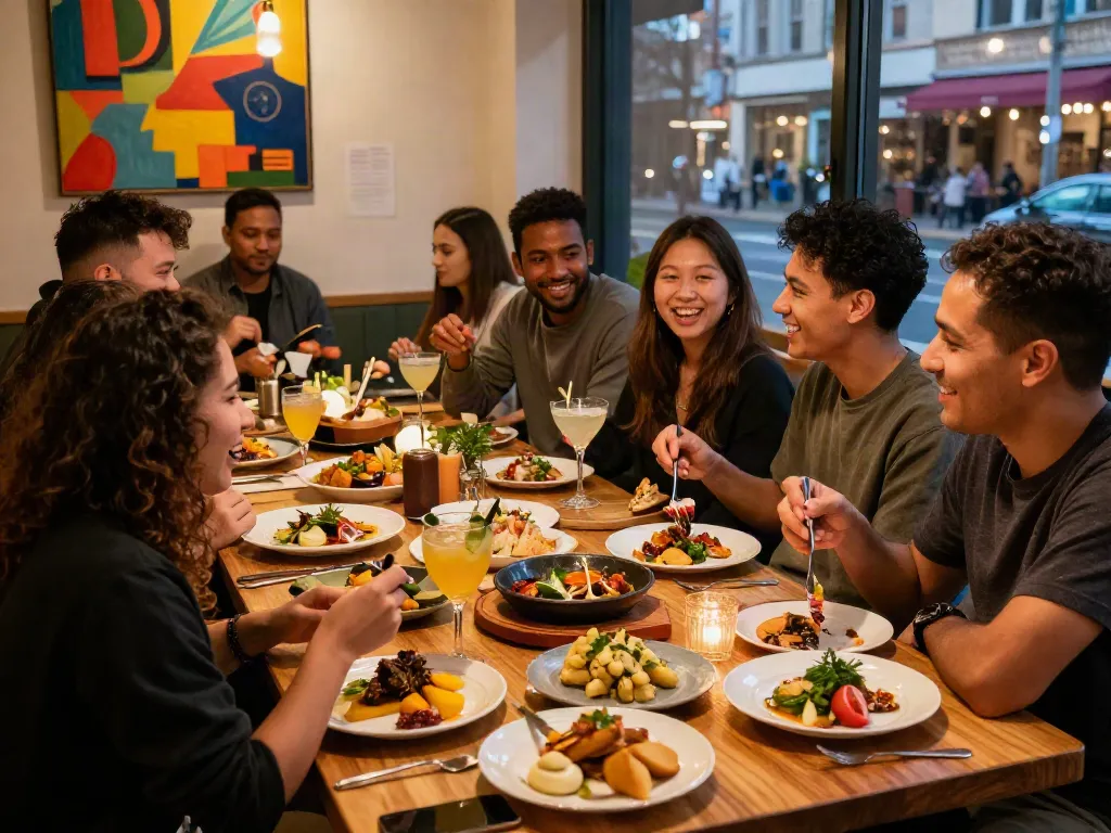 Dining experience at bedfordsocialclub.com with friends enjoying gourmet dishes in a cozy atmosphere