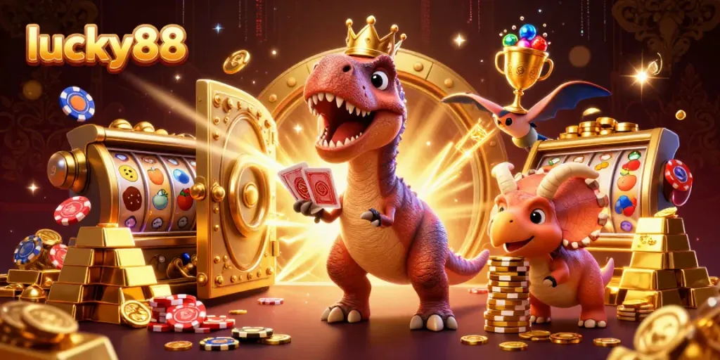 Lucky88 slot adventure featuring a crown-wearing T-Rex, poker cards, and stacked chips.