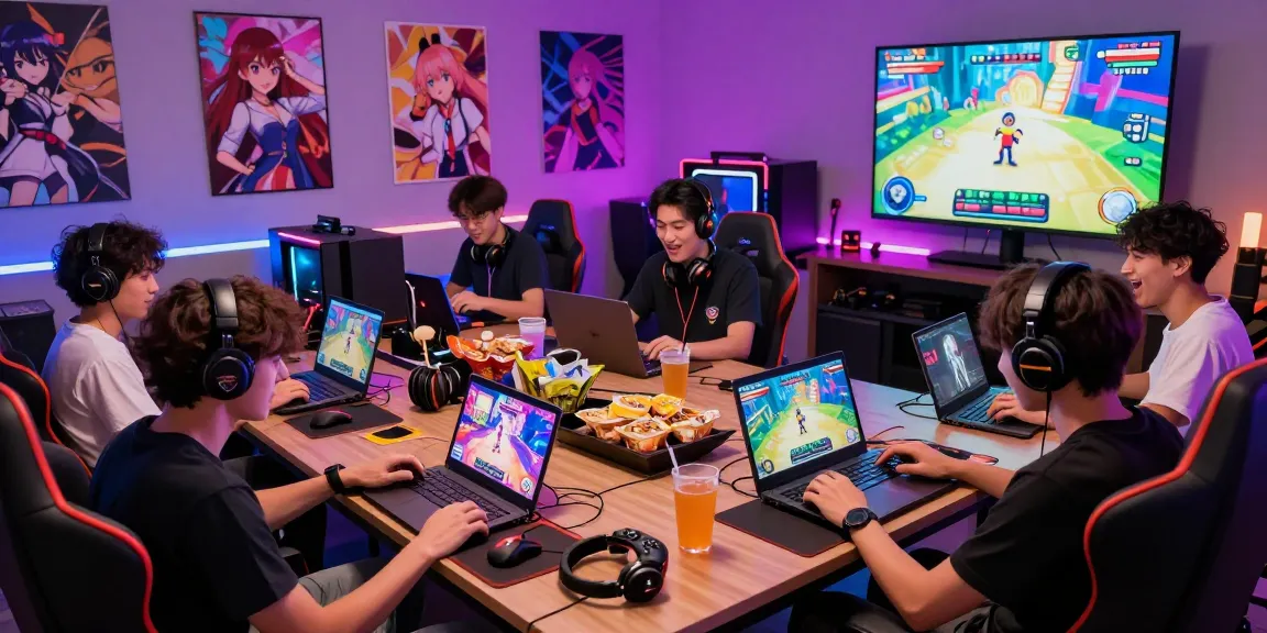 Players enjoying ecchi games in a vibrant gaming lounge with snacks and colorful lights.