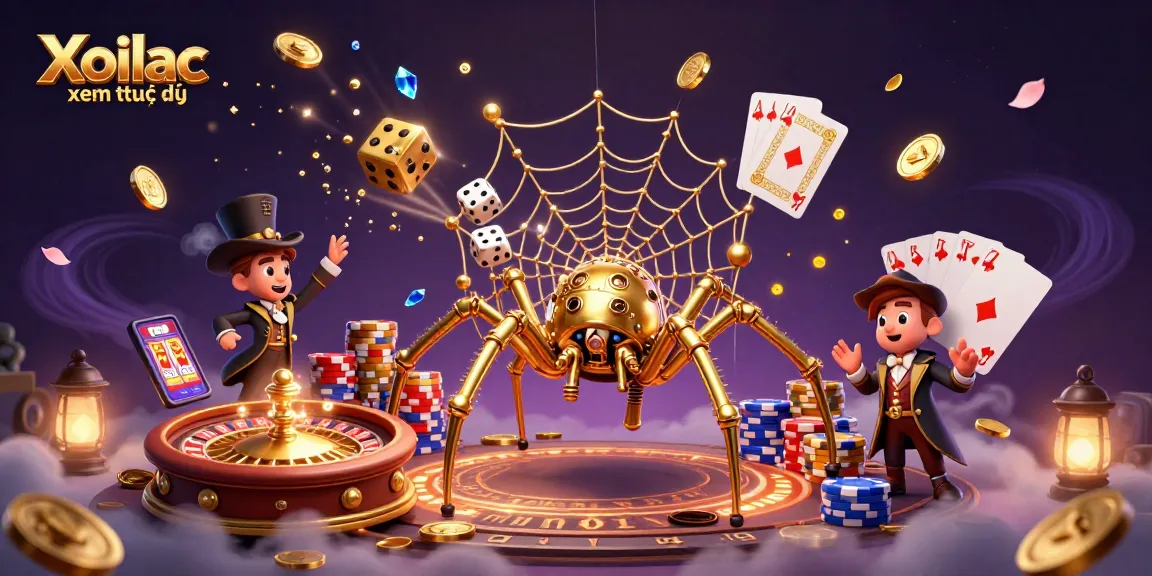 Xoilac xem trực tiếp showcases a lively 3D steampunk spider capturing dice, depicting thrilling casino action.