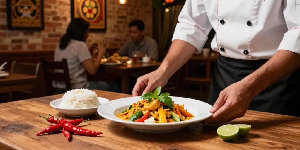 A chef preparing a vibrant dish at kinalyrestaurant.com with fresh ingredients in a warm, inviting setting.