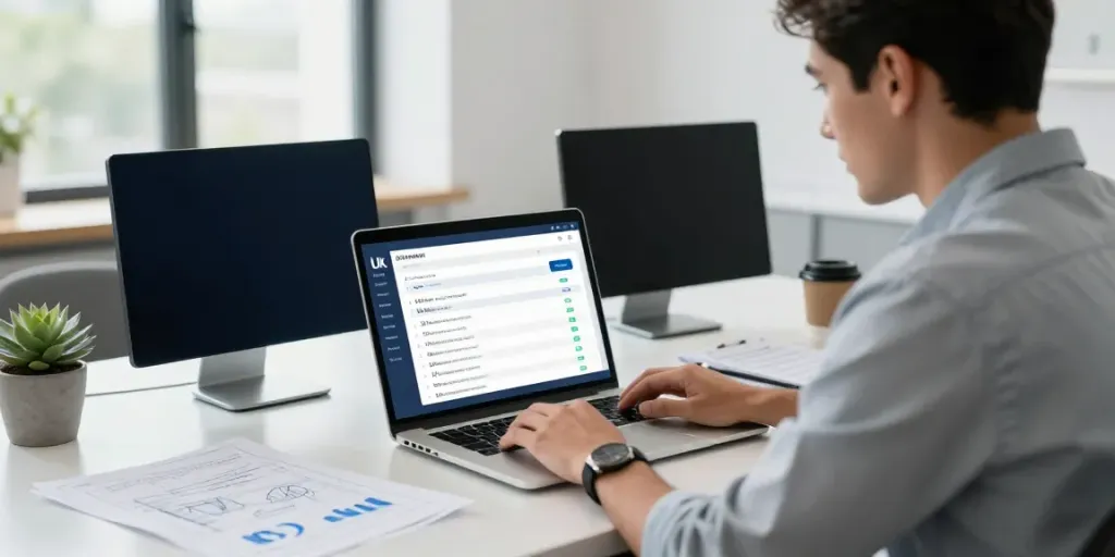 Browse to buy .uk domain in a modern UK business office.