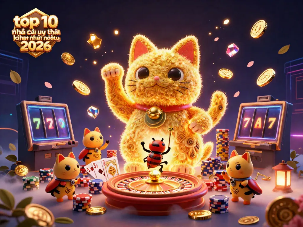 Engage with the top 10 nhà cái uy tín hiện nay 2026 illustrated scene featuring a dynamic lucky cat and casino elements.
