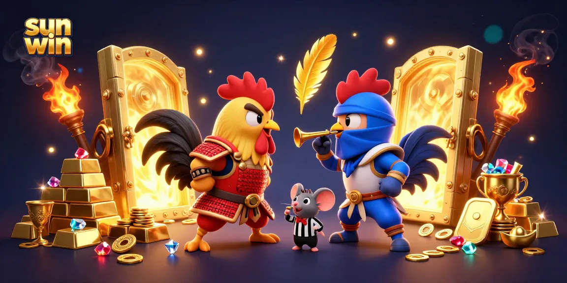 Engage in thrilling action at sun win with dynamic roosters in a dramatic standoff amid golden treasures.