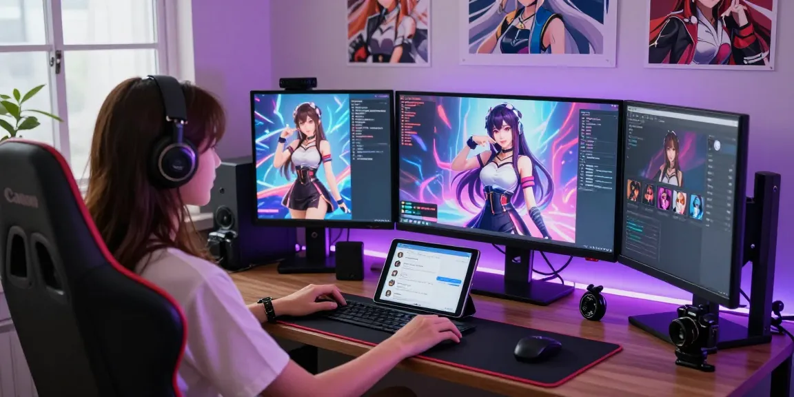 Engaging scene of a user interacting with an ecchi AI character on a gaming setup, showcasing playful digital interaction.