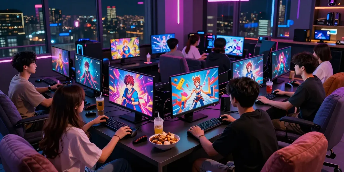 Engaging gaming lounge with friends playing hentai games in a vibrant setting