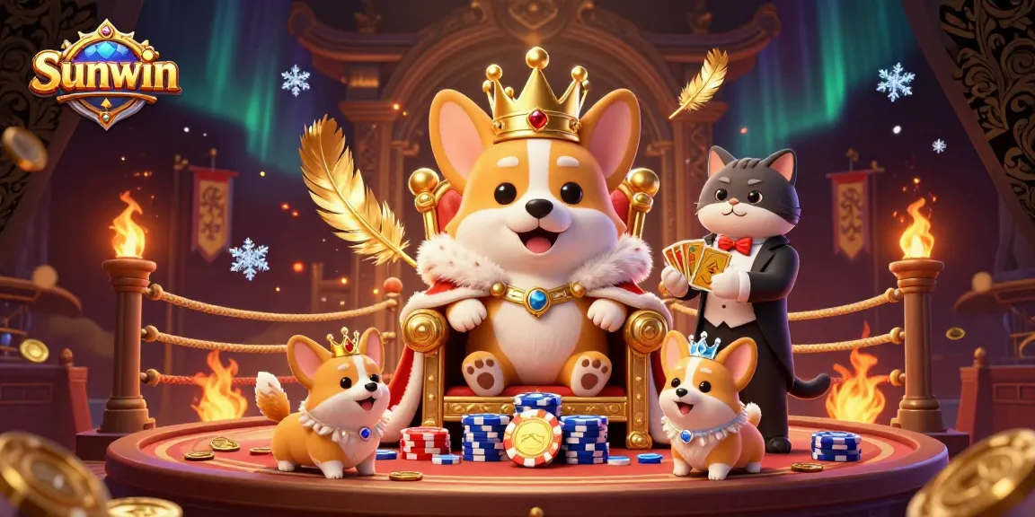 Participate in Sunwin's vibrant casino realm with a crowned corgi, golden cards, and dynamic energy.