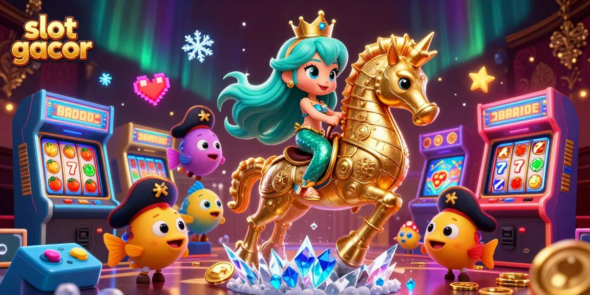 Spin to win with slot gacor visuals featuring a mermaid princess and colorful arcade game elements.