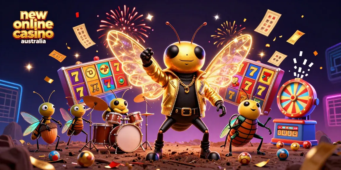 Experience thrilling gameplay at the new online casino Australia with colorful slot reels and energetic characters.